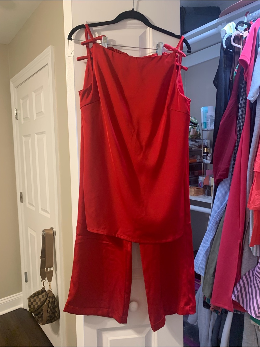 Satin Red Wide-Leg draw string pants with matching Adjustable bow Strap top- set
